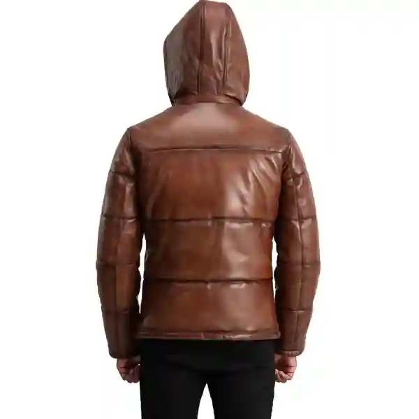 Gordon Waxed Brown Hooded Leather Puffer Jacket - Image 3