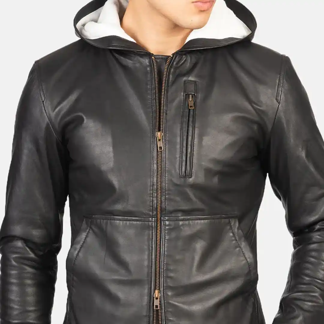 Baston Black Hooded Leather Bomber Jacket - Image 3
