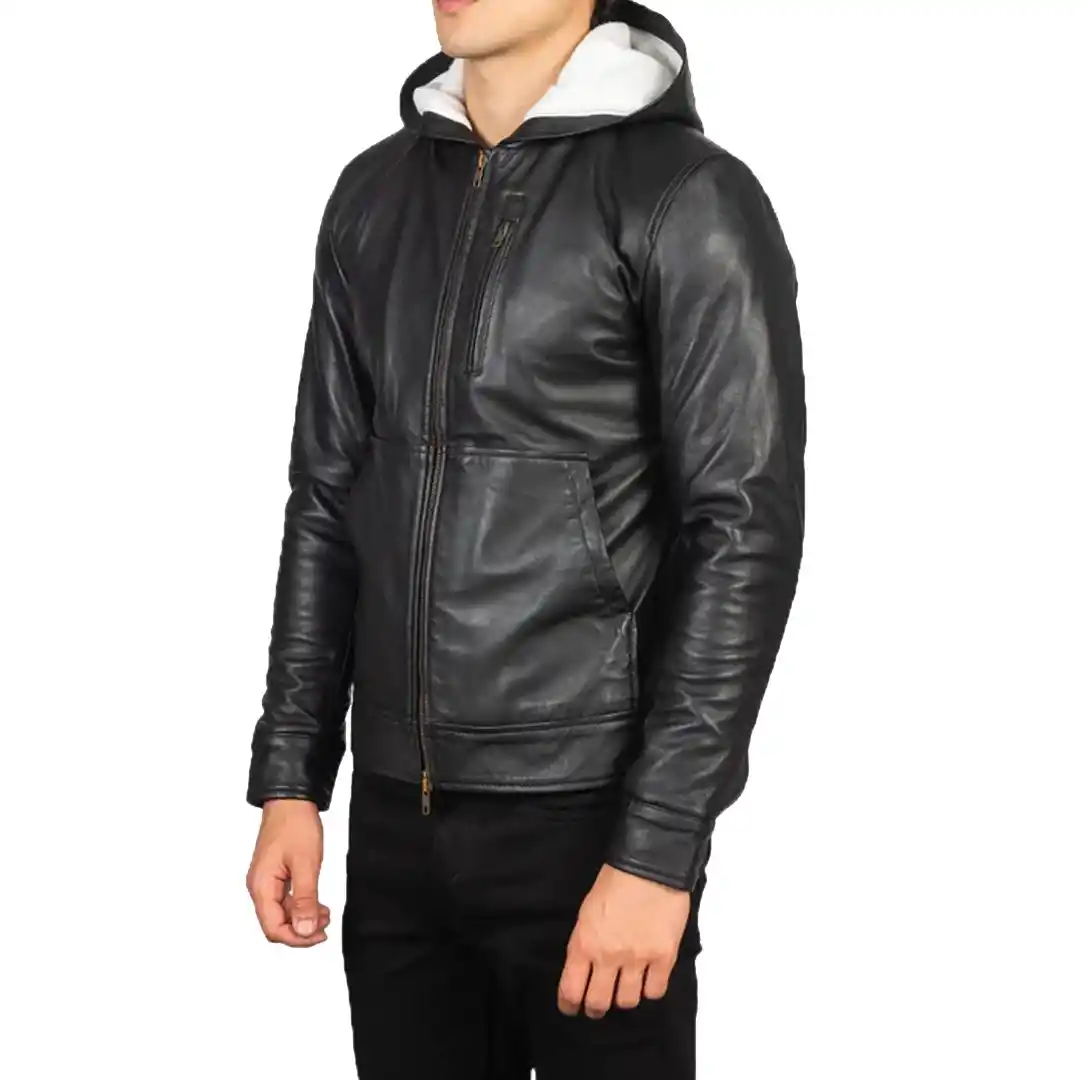 Baston Black Hooded Leather Bomber Jacket - Image 4