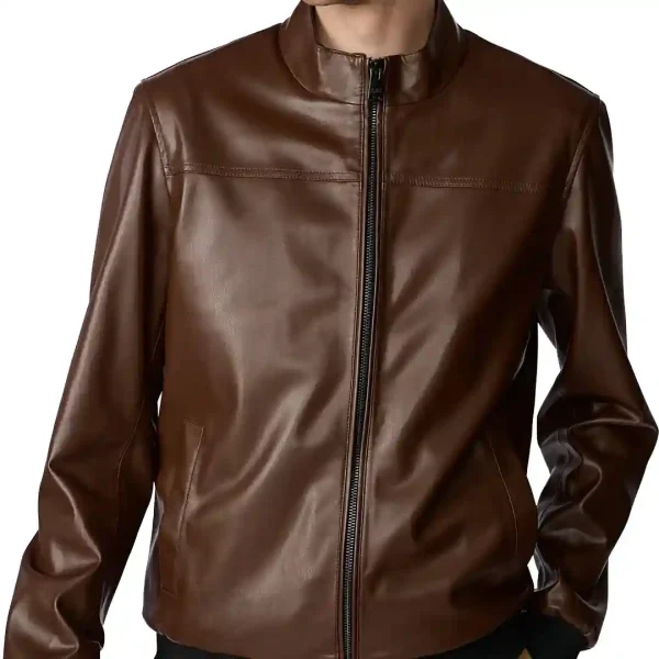 Faux Brown Leather Bomber Jacket