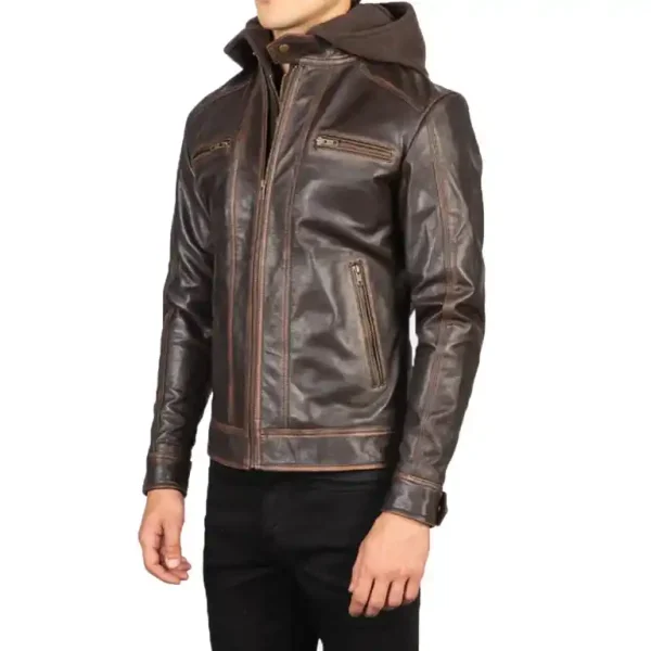 Vintage Brown Hooded Leather Biker Jacket - Image 5