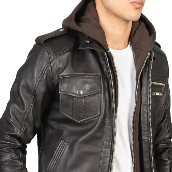 Brown Hooded Leather Bomber Jacket - Image 2