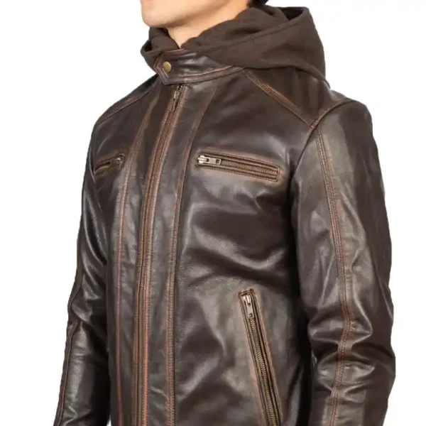 Vintage Brown Hooded Leather Biker Jacket - Image 3