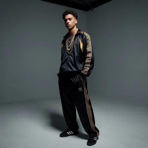 A man is wearing Black Tracksuit with Gold Chains