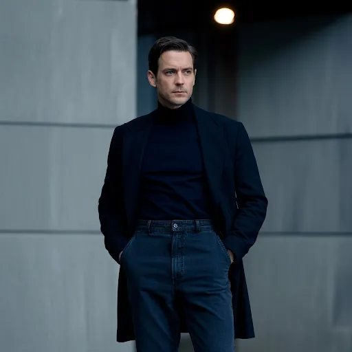 A man is wearing Black Turtleneck and HighWaisted Jeans