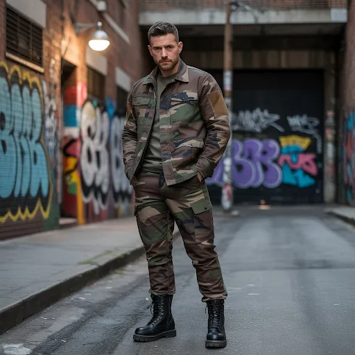 A man is wearing Camo Cargo Set with Combat Boots
