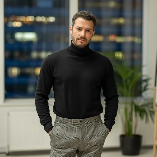 A man is wearing College Prep Turtlenecks and Plaid Pants
