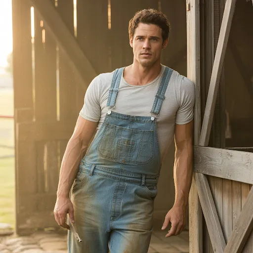 A man is wearing Denim Overalls with One Strap Down