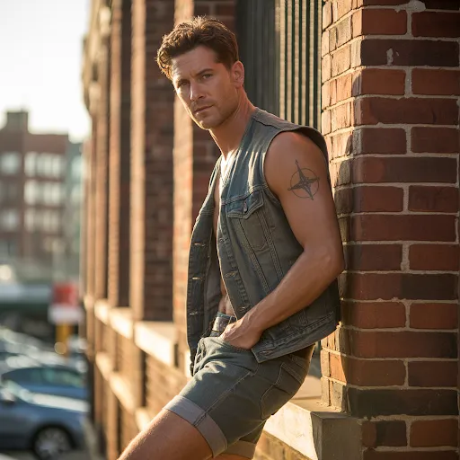 A man is wearing Denim Shorts and a Vintage Vest