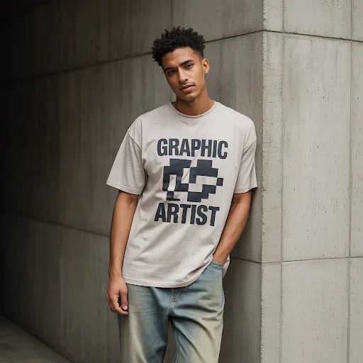 A man is wearing Graphic Artist Tee with Baggy Jeans