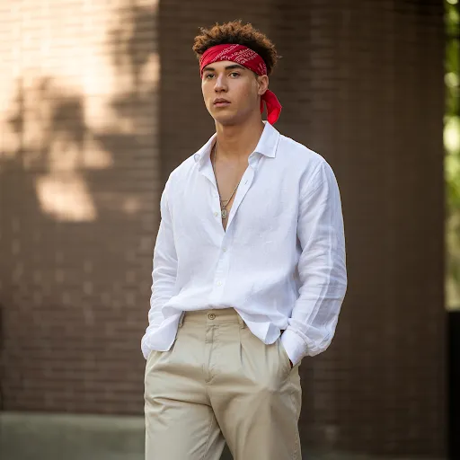 A man is wearing Oversized Shirt and Loose Pants with a Bandana