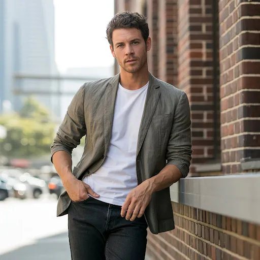 A man is wearing RolledUp Blazer with a Basic Tee
