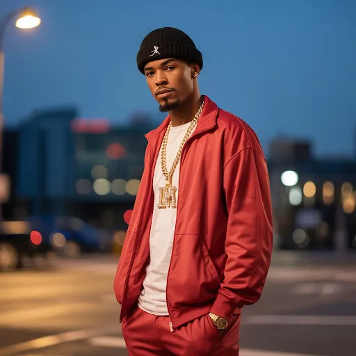 A man is wearing Tracksuit, Kangol Hat, and Chains