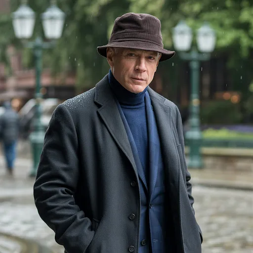 A man is wearing Wool Coat, Turtleneck, and Bucket Hat