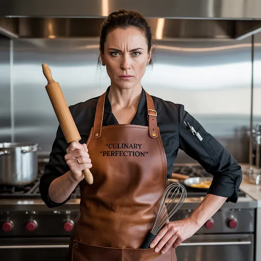 Apron made of leather, rolling pin prop.