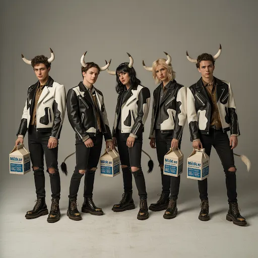 Black and white leather patches, horns.