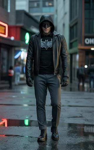 Black hoodie under leather jacket, bat logo.