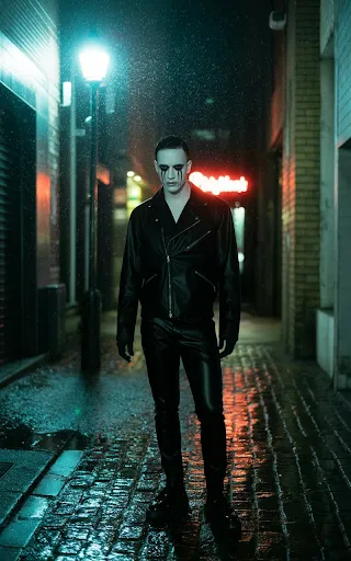 Black leather pants and jacket, white face paint.