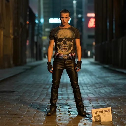 Black leather, skull tee, fake ammo