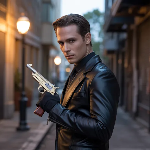 Black leather suit, intense stare, toy gun optional