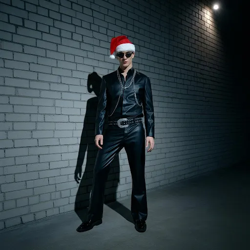 Black leather suit, red hat.