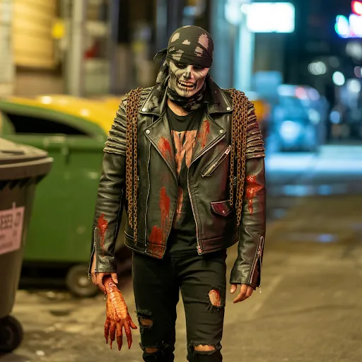 Blood, chains, leather jacket