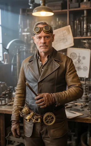 Brown distressed leather, goggles, brass props