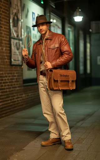 Brown leather jacket, fedora, whip