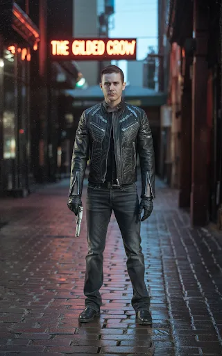 Custom leather jacket, black jeans, gloves.