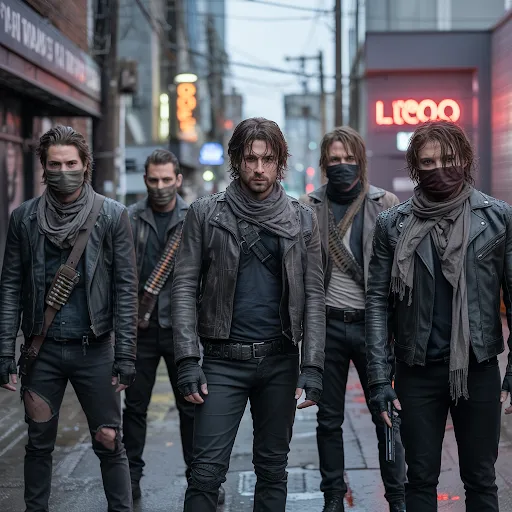 Distressed leather, goggles, layers.