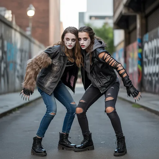 Faux fur, torn leather sleeves.