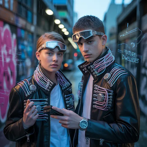Futuristic leather jacket, wires, goggles.