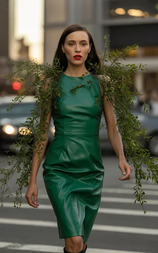Green leather dress, leaves, confidence.