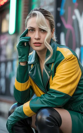 Green-yellow leather combo, gloves, white streak.