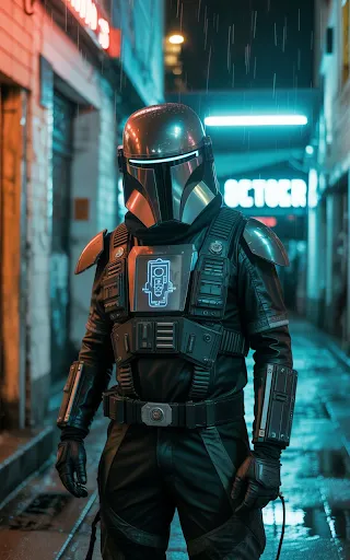 LED visor, leather gear, utility details.