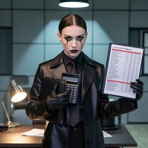 Leather briefcase, eyeliner, calculator