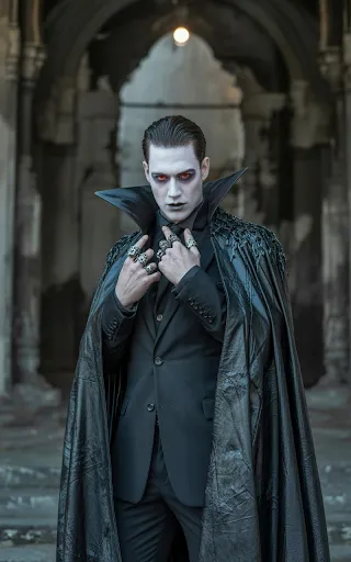 Leather cape, gothic rings, red contacts