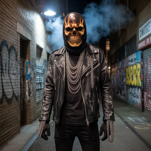 Leather jacket, flaming skull mask, chains