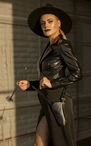 Leather look jackets, hat, smoky eyes.