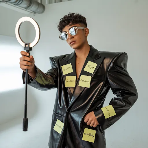 Leather suit, ring light prop.