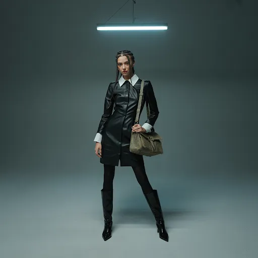 Leather twist on her dress