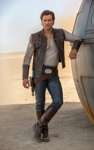 Leather vest, rugged pants, blaster