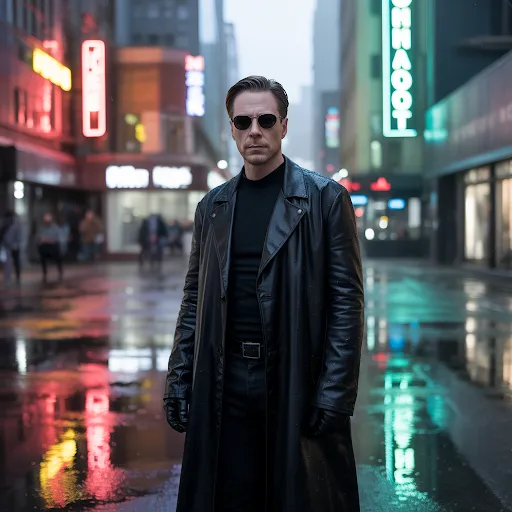 Long black leather coat, black shades, zero emotion.