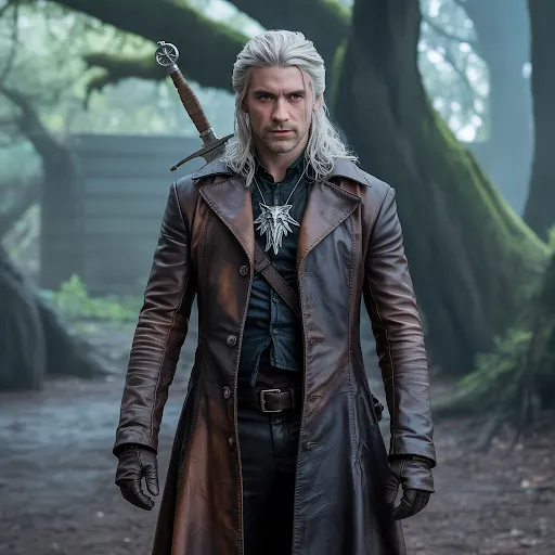 Long leather coat, silver hair