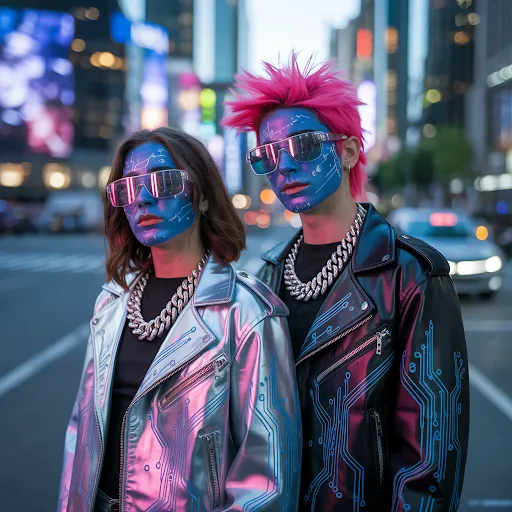 Metallic leather coat, galaxy makeup.