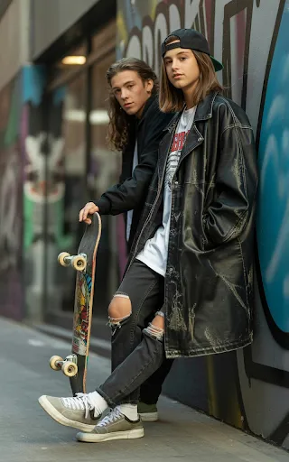 Oversized leather coat, cap, sneakers.