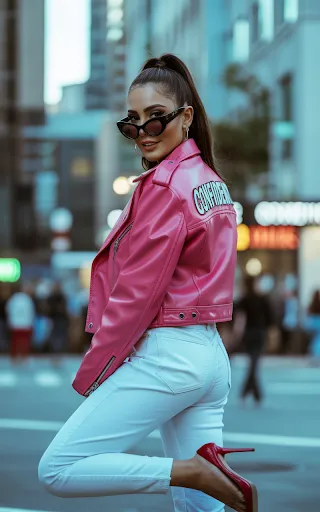 Pink leather jacket, high ponytail, heels.