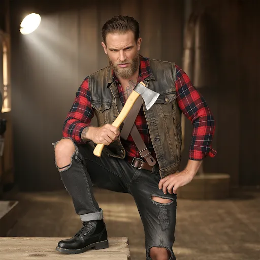 Plaid shirt over leather vest.