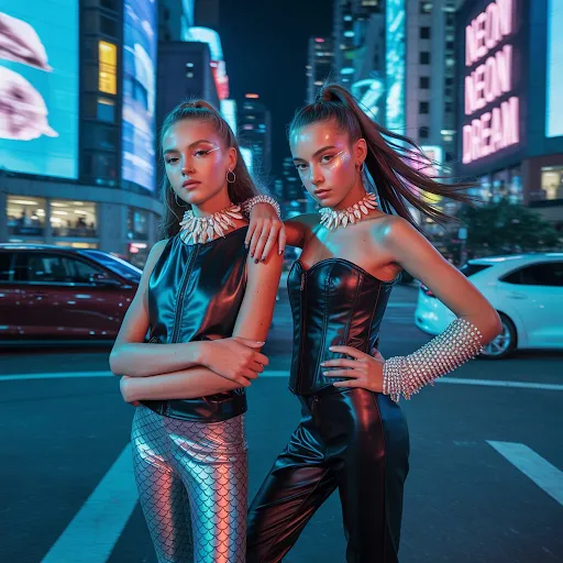 Shiny leather top, scale leggings.