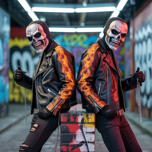 Skull mask, flaming jacket effects.